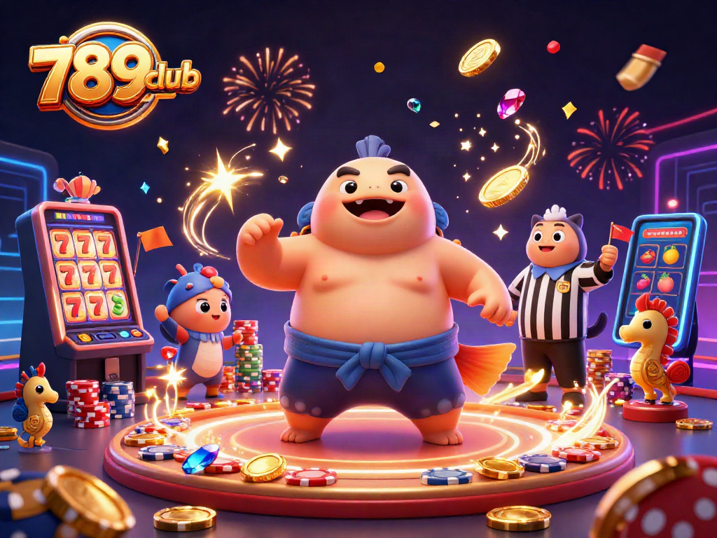 Exciting 789club gaming scene featuring a fugu in a sumo belt amidst cascading coins and jackpots.