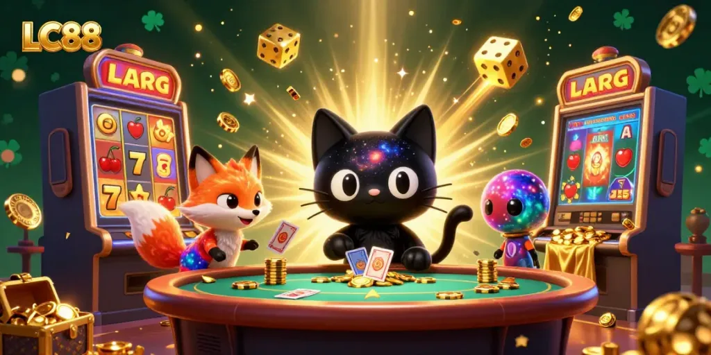 Engage in exciting gaming at LC88 with a black hole cat and cosmic elements.