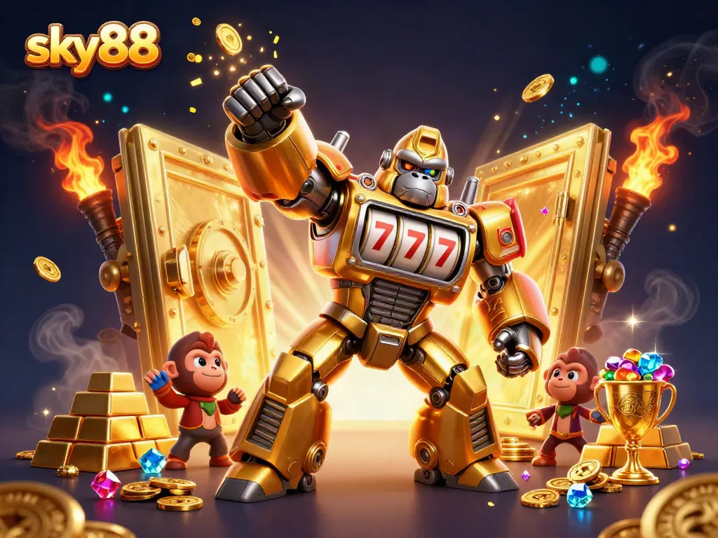 Engage in dynamic sky88 gameplay featuring a golden gorilla mech amidst treasures.