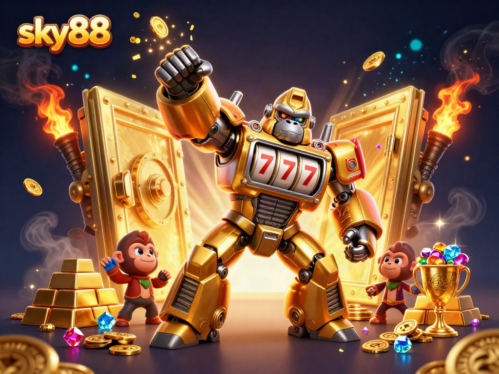 Engage in dynamic sky88 gameplay featuring a golden gorilla mech amidst treasures.