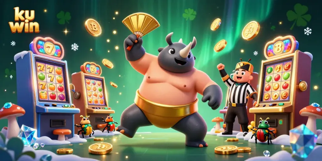 Experience the exciting world of ku win with a sumo beetle champion amidst thrilling slot machines and coins.