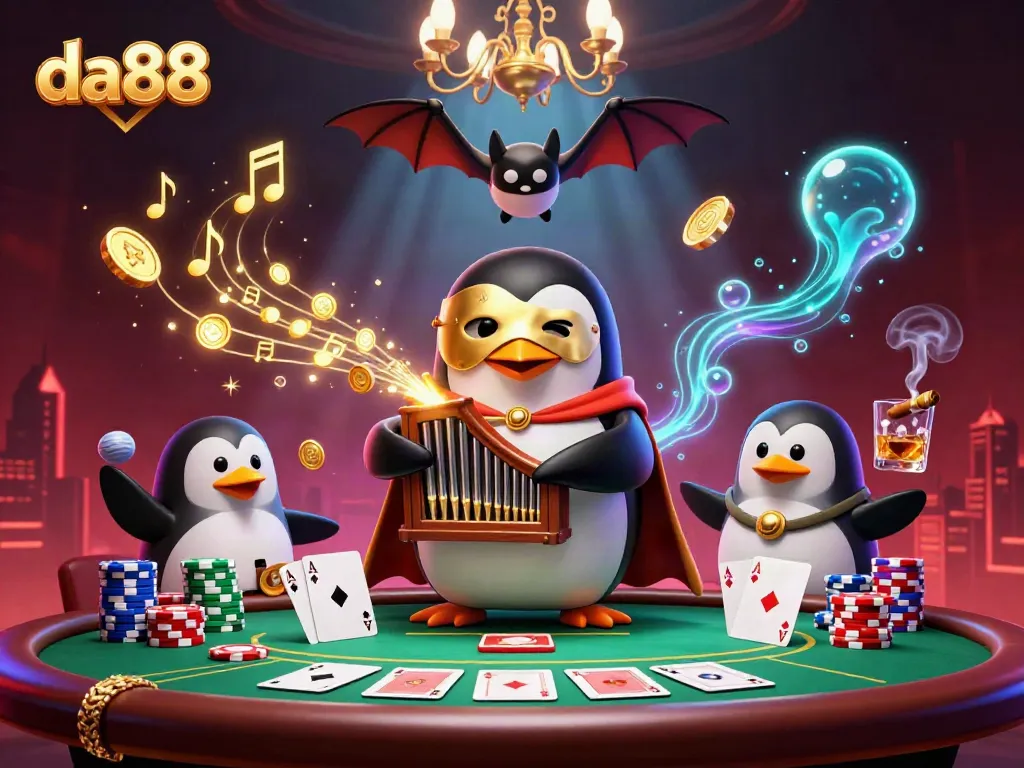 Engage with da88's vibrant gaming atmosphere featuring a penguin organist and dynamic gaming elements.