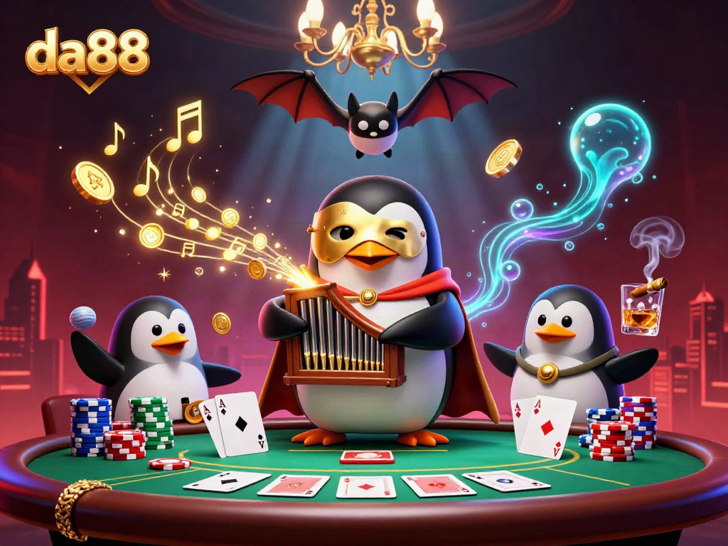 Engage with da88's vibrant gaming atmosphere featuring a penguin organist and dynamic gaming elements.
