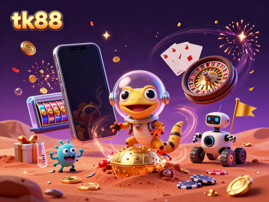 Martian gecko exploring a golden casino on Mars, celebrating with casino games and sparkles - tk88