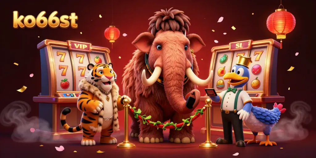 Experience the vibrant energy of ko66st with a mammoth casino bouncer checking IDs amid slot reels and golden confetti.