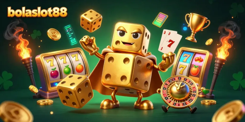 Experience the excitement of bolaslot88 with a whimsical golden dice golem juggling winnings in this vibrant casino scene.