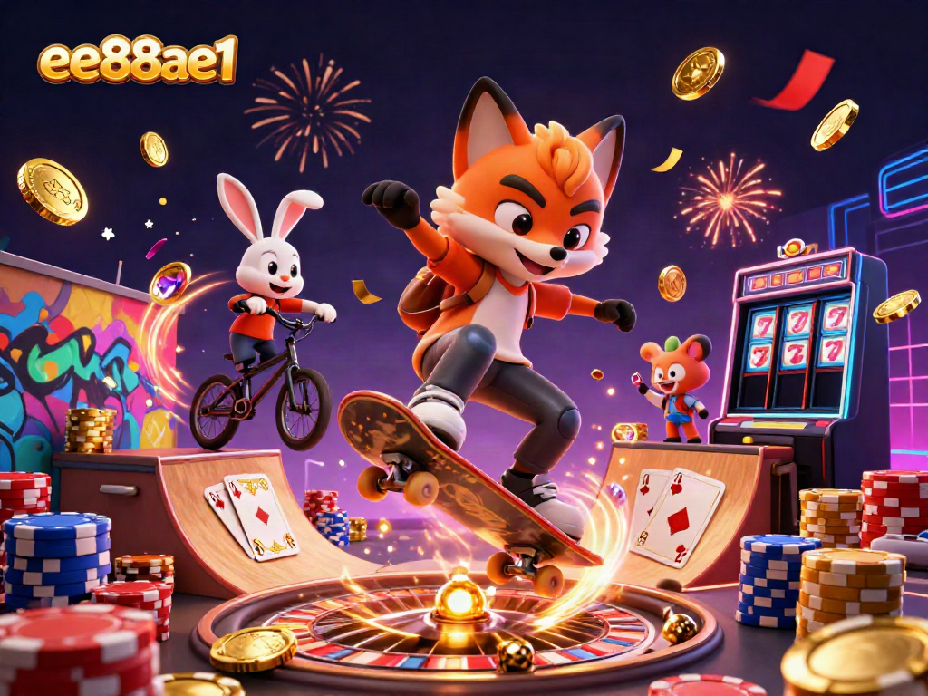 Experience gaming excitement with ee88ae1's vibrant casino scene featuring lively cartoon characters and dynamic symbols.