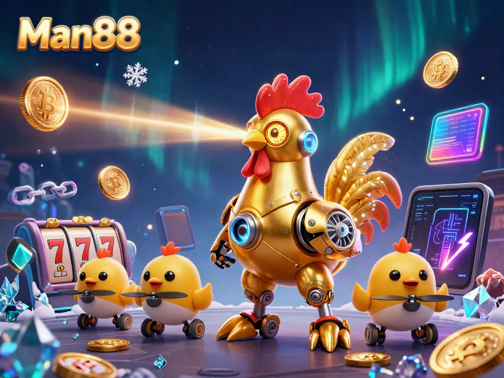 Experience winning with Man88's vibrant casino scene featuring a golden rooster robot.