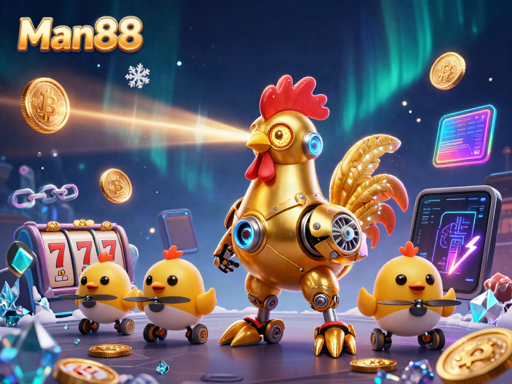 Experience winning with Man88's vibrant casino scene featuring a golden rooster robot.