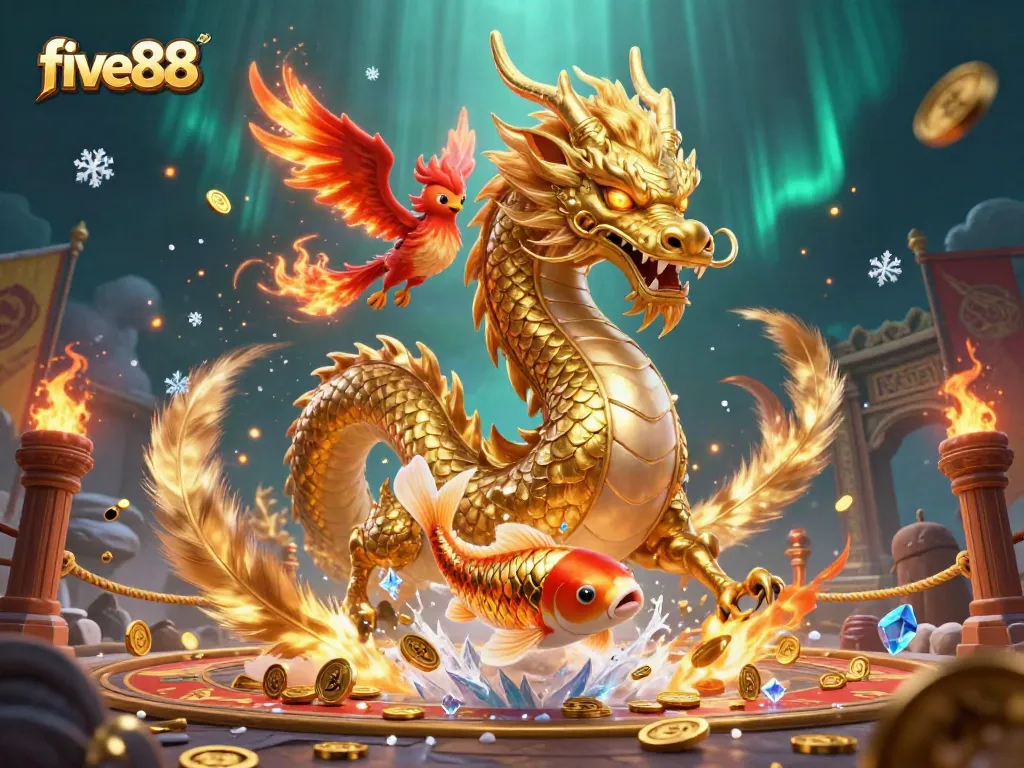 Engage in thrilling gameplay at five88 with a majestic dragon, phoenix, and koi fish amidst a vibrant gambling arena.