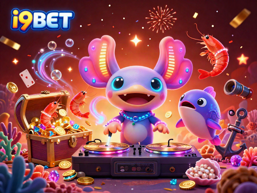 Experience high-energy fun with i9BET as a neon axolotl DJ spins records surrounded by dancing shrimp and treasure.