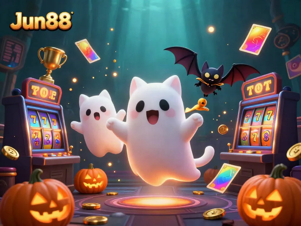 Engage with Jun88 as the friendly ghost cat and bat companion explore a haunted casino mansion.