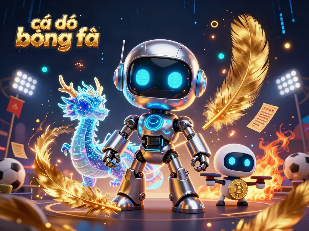 Cá độ bóng đá action scene featuring a cyberpunk robot, dragon AI, and drone amidst dynamic sports betting elements.