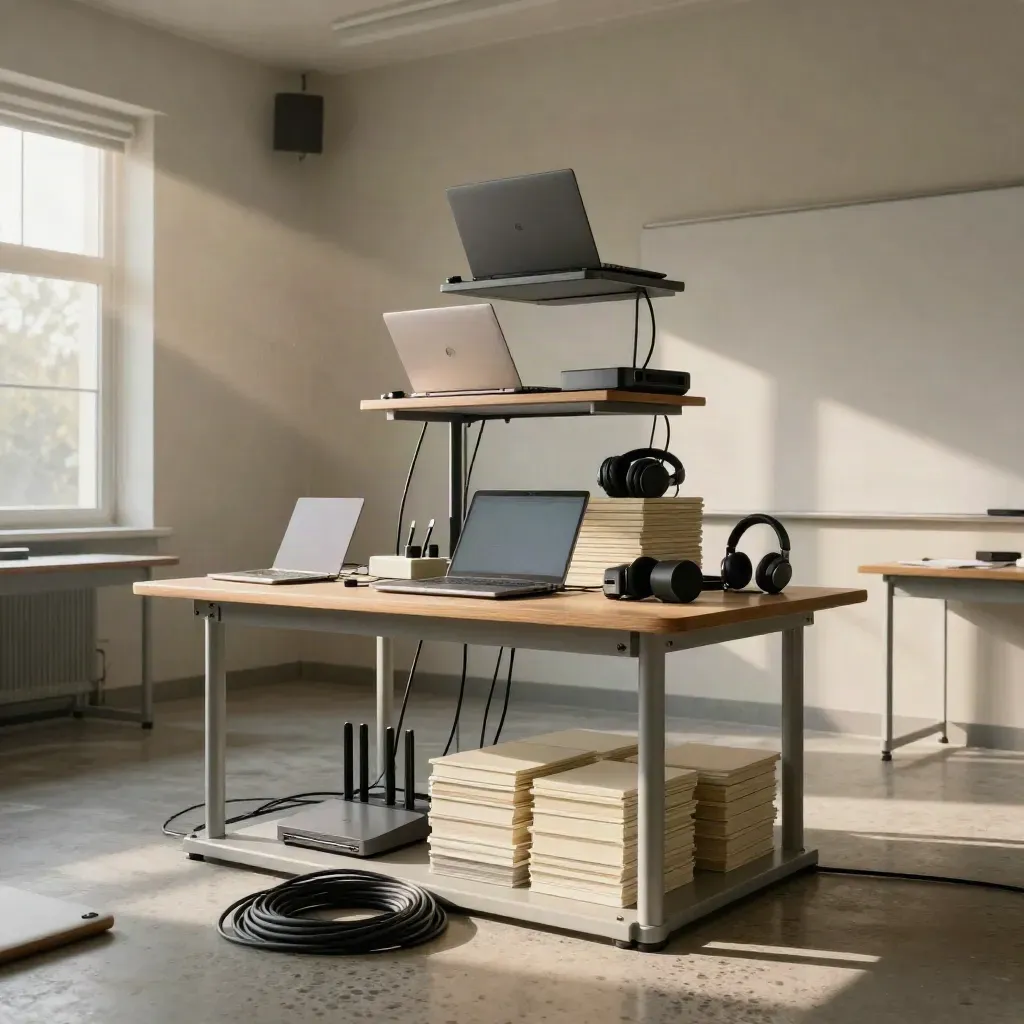 Modułowe studio e-learningowe z laptopami, routerem i kursami w jasnej sali po deszczu.