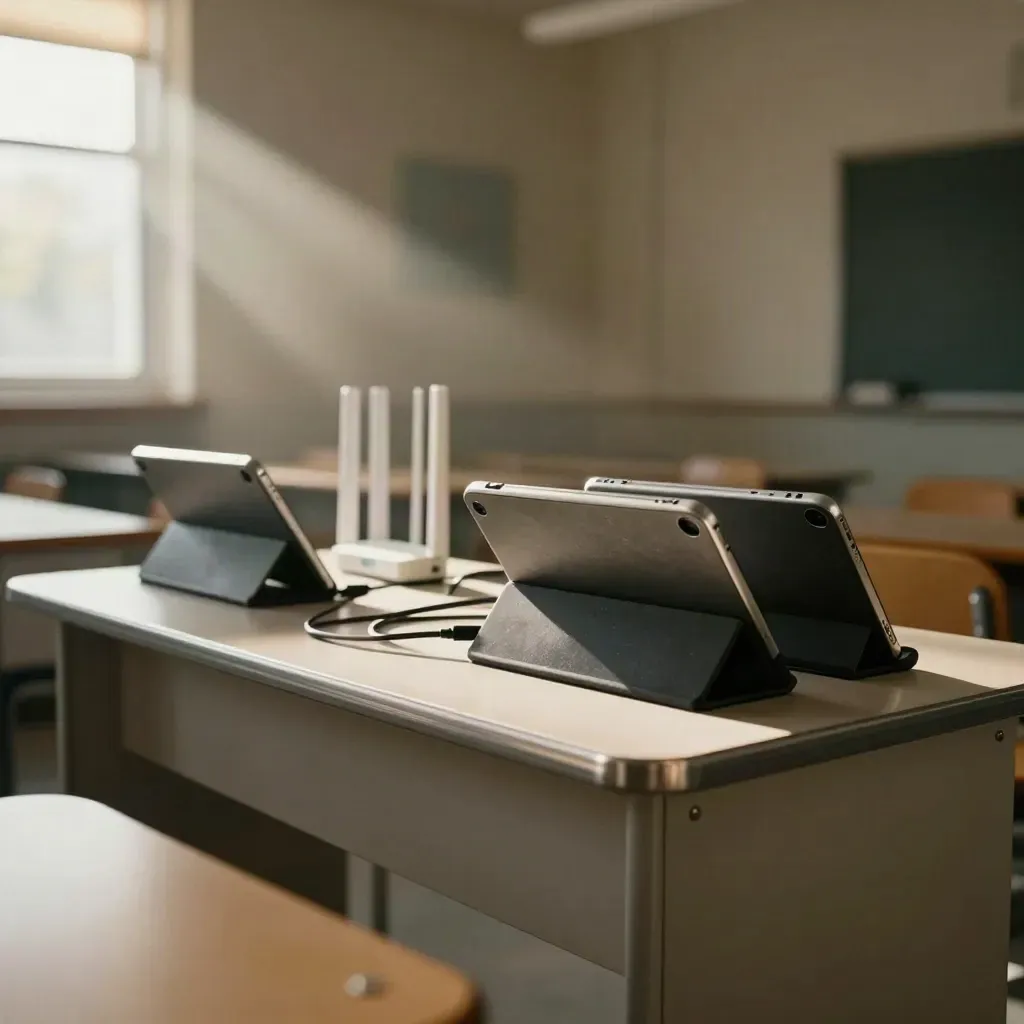 Pusty kącik technologiczny w klasie: ładowarka tabletów, router i punkt dostępowy.