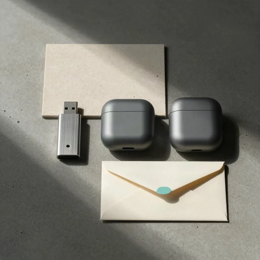 Zestaw po kursie: pendrive, etui na słuchawki, pudełko i koperta na betonie.