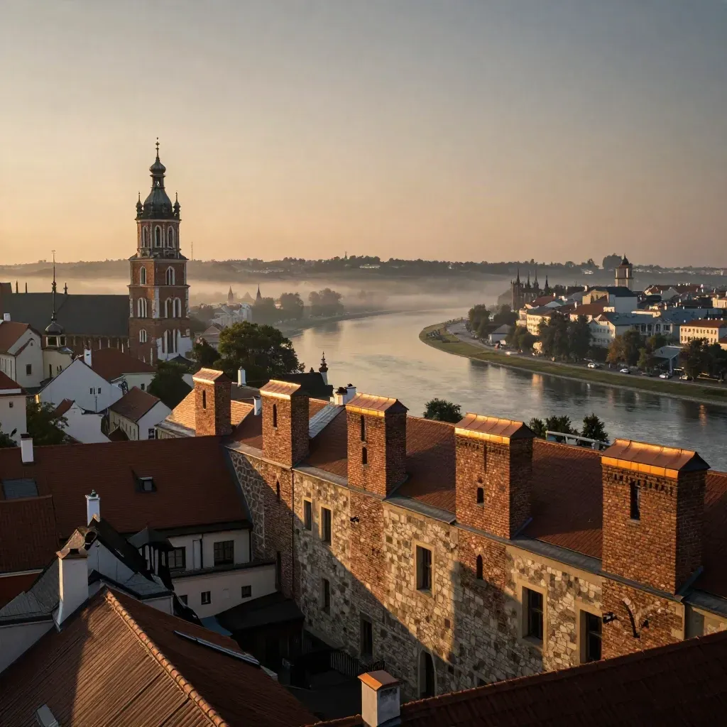 Krakowskie dachy i Wawel nad miękką, bursztynową mgłą nad rzeką o zachodzie słońca