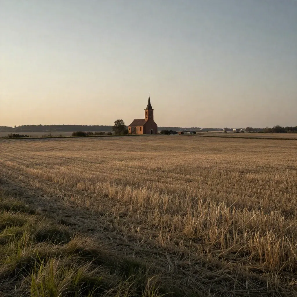 Pola Wielkopolski o zmierzchu z sylwetką ceglanego kościoła i linią drzew