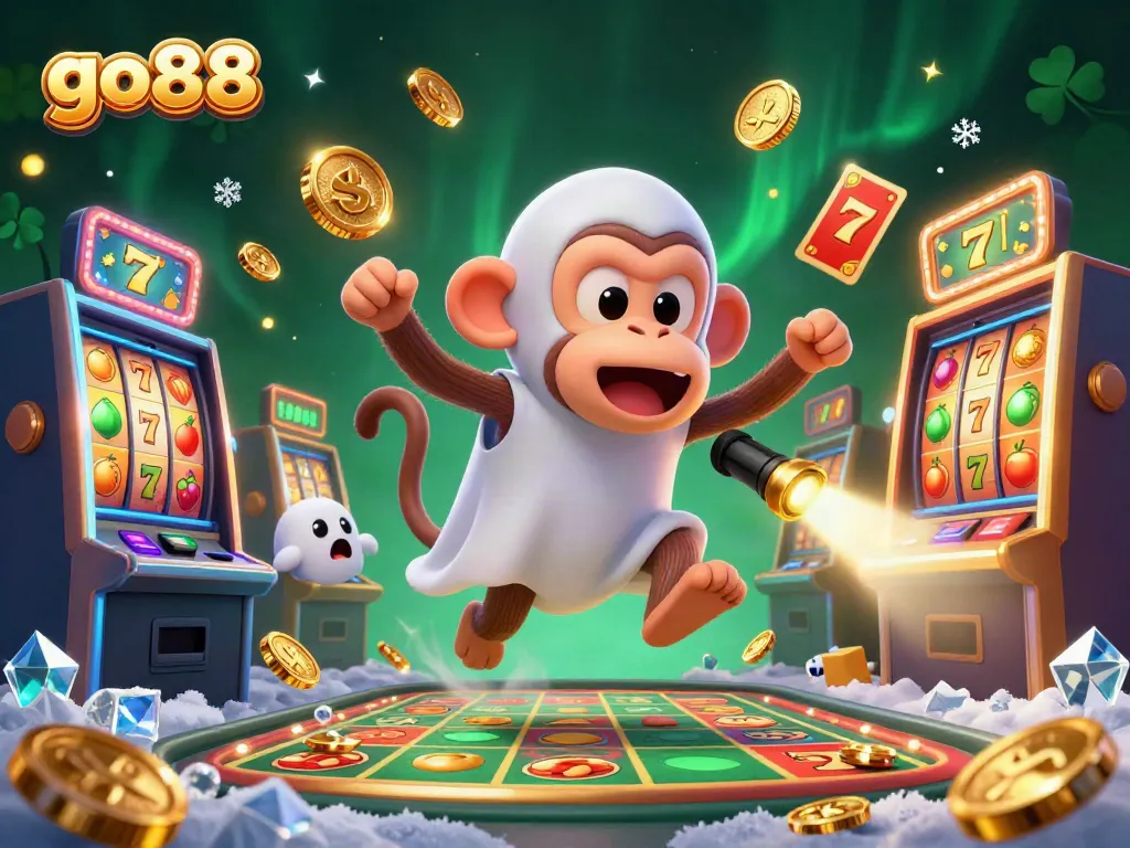 Engage with go88 in this dynamic casino scene showcasing a mischievous poltergeist monkey juggling golden coins while a curious puppy tracks it.