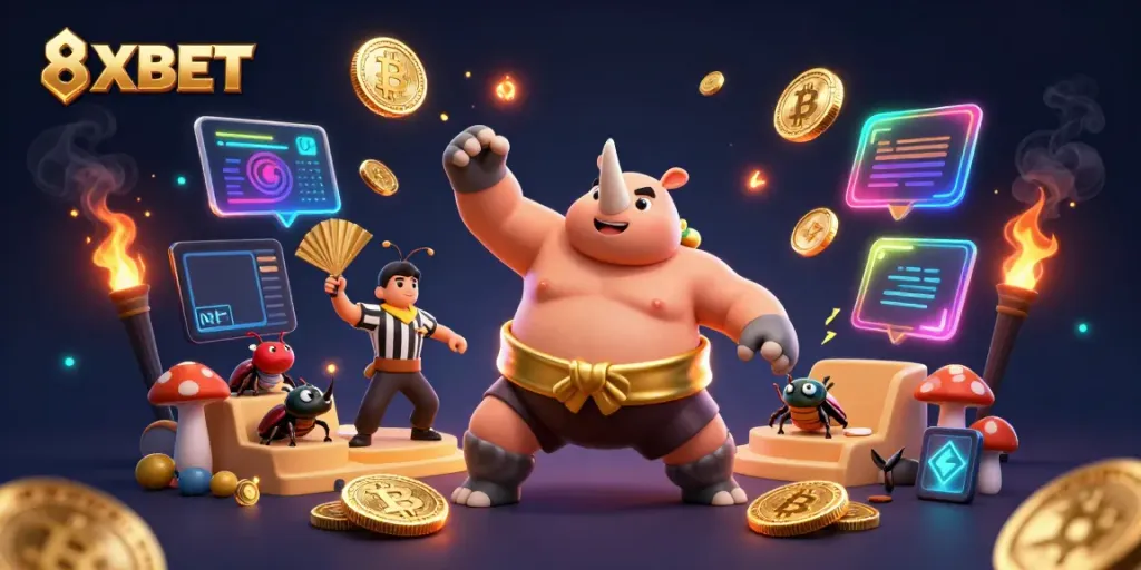 Experience thrilling gameplay with the dynamic scene showcasing 8XBET themed characters and crypto elements.