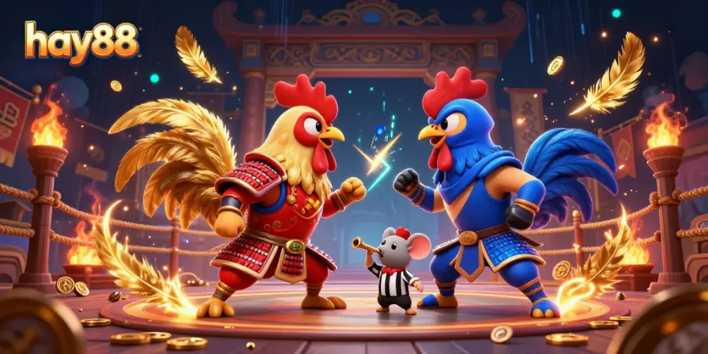 Experience thrilling action in hay88 with 3D roosters battling in a vibrant casino arena.