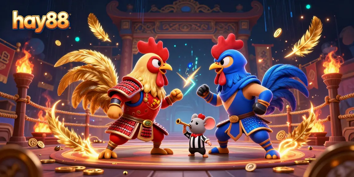 Experience thrilling action in hay88 with 3D roosters battling in a vibrant casino arena.