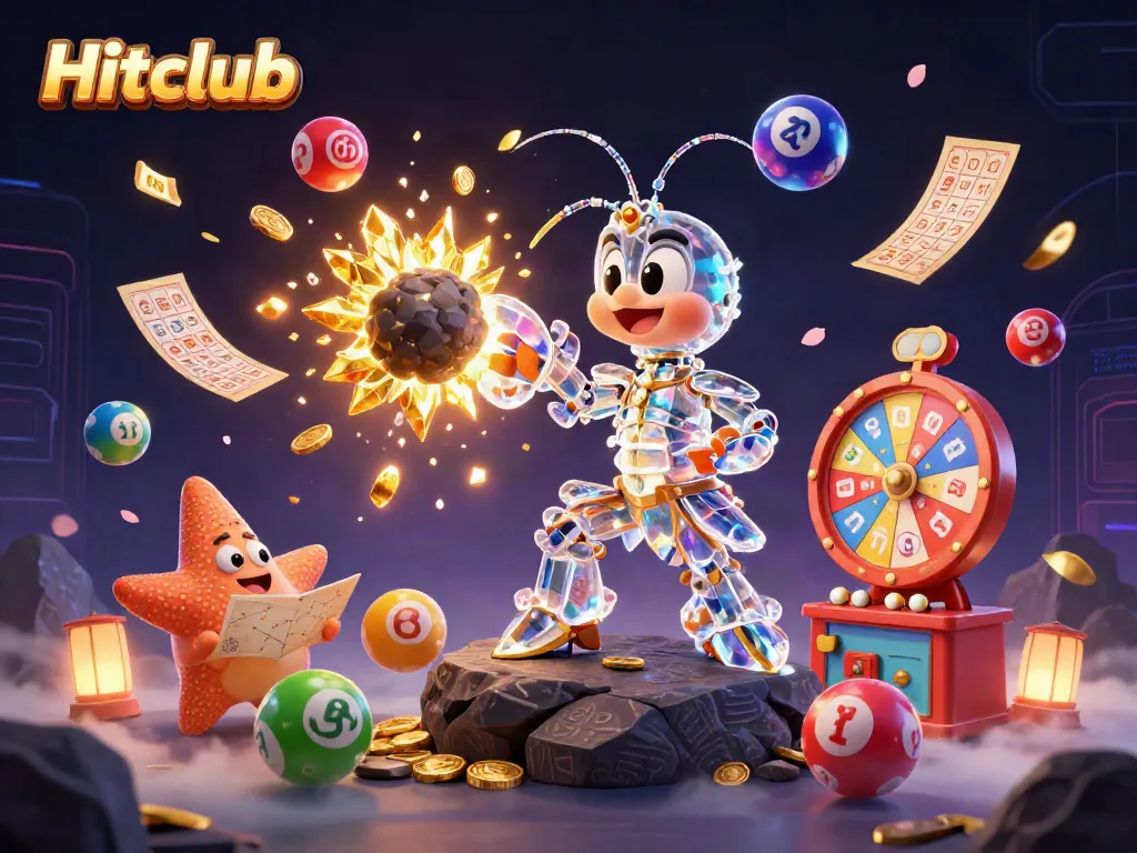 Experience excitement with Hitclub as a galactic mantis shrimp bursts through an asteroid, showering gems and coins.