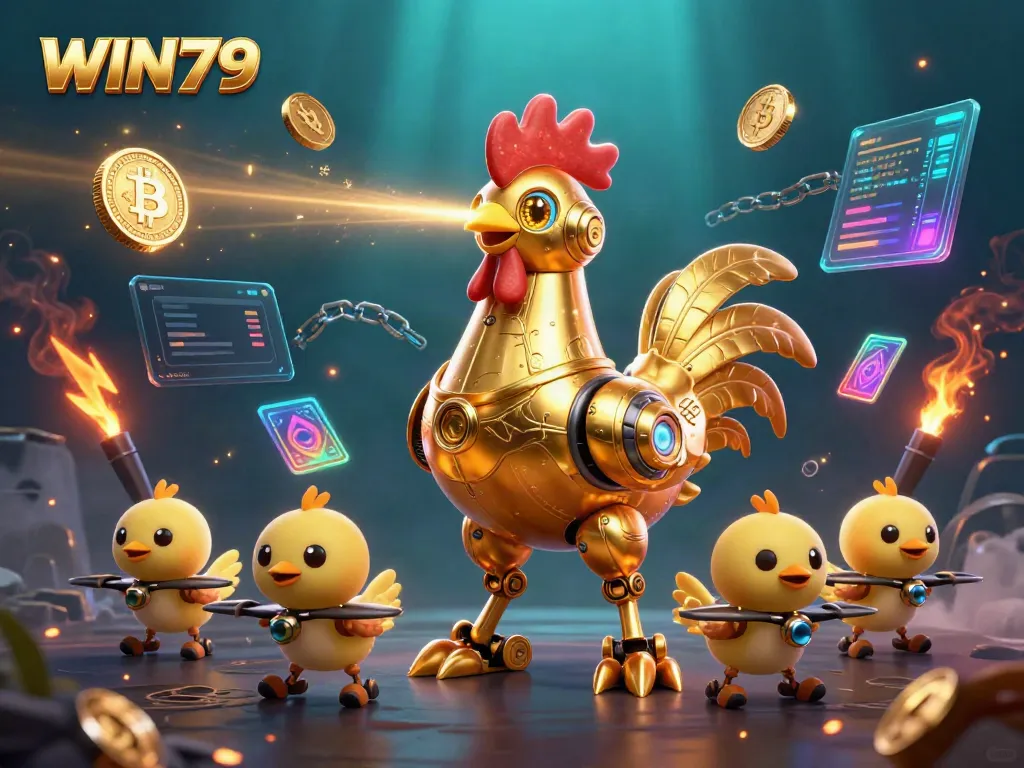 Engage with WIN79's immersive gaming experience featuring a golden rooster robot and dynamic digital elements.