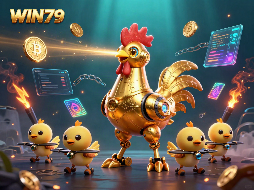 Engage with WIN79's immersive gaming experience featuring a golden rooster robot and dynamic digital elements.