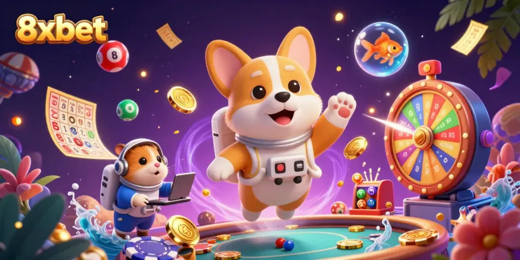 8xbet gaming experience with a floating corgi astronaut, dynamic casino elements, and vibrant colors.