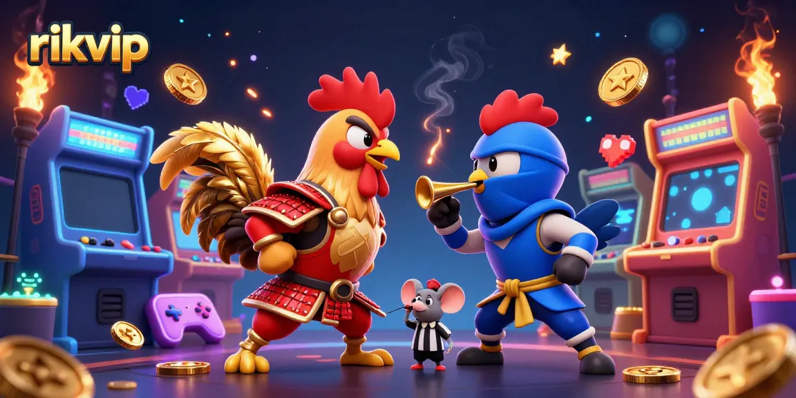 Engage in thrilling action at Rikvip, featuring dynamic cartoon roosters battling with casino-themed elements.