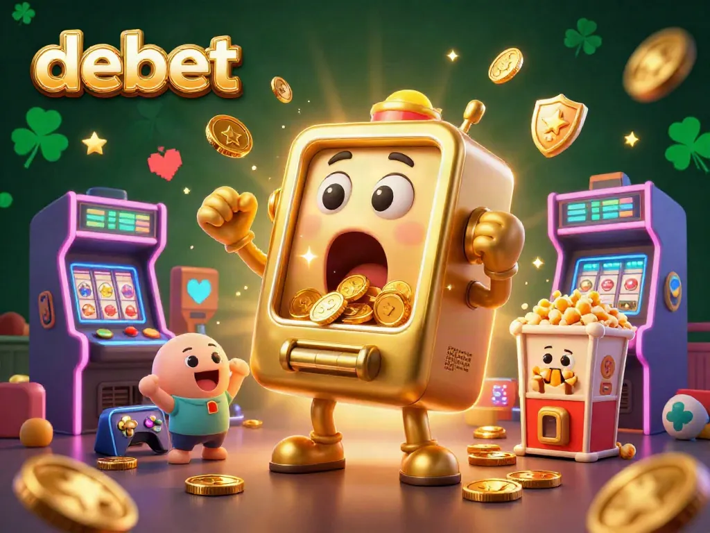Experience the thrilling jackpot win with Debet's golden slot machine showering coins in this captivating 3D casino illustration.
