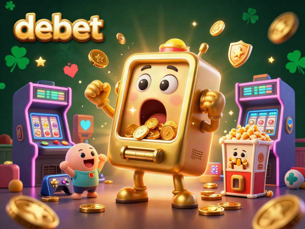 Experience the thrilling jackpot win with Debet's golden slot machine showering coins in this captivating 3D casino illustration.