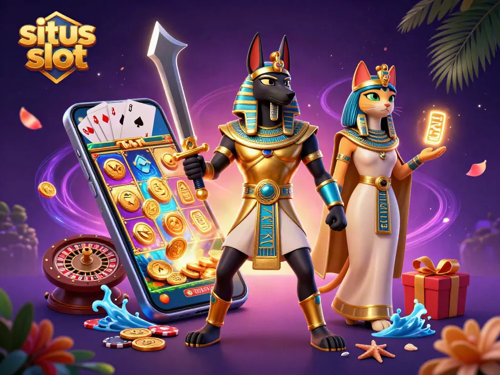 Situs slot scene with Anubis and Bastet, showcasing vibrant slot game action