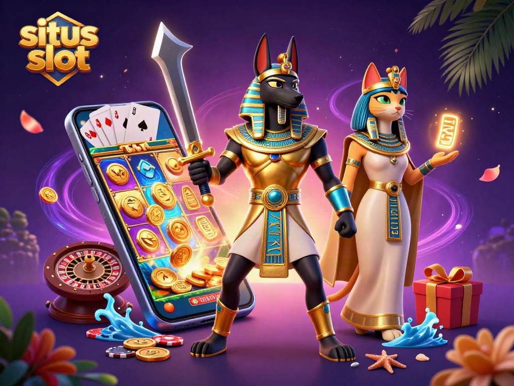 Situs slot scene with Anubis and Bastet, showcasing vibrant slot game action