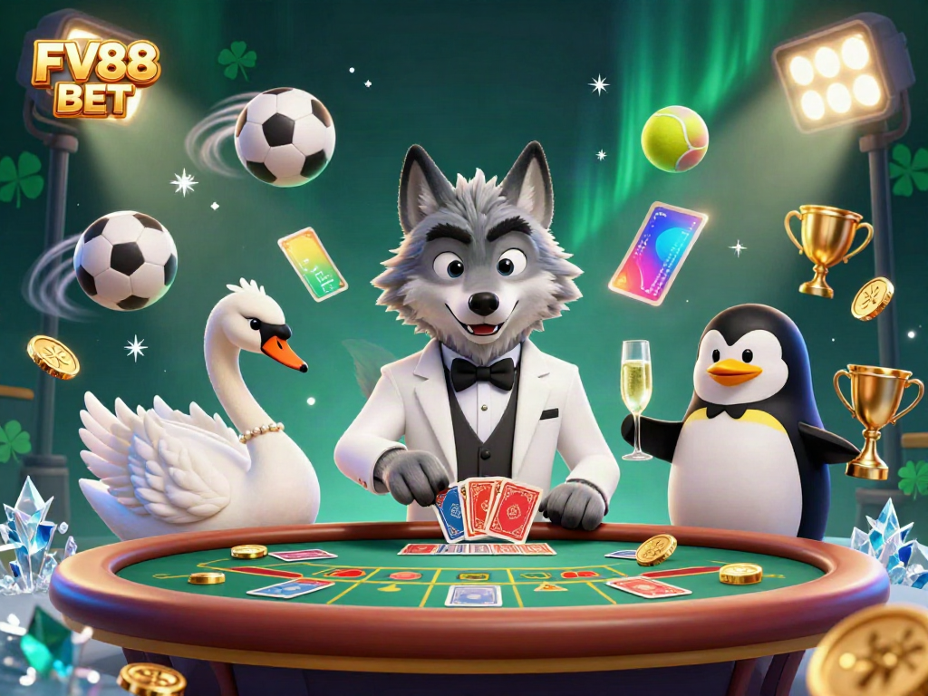 Experience FV88 BET with our vibrant scene featuring high-stakes gaming and festive sports elements.