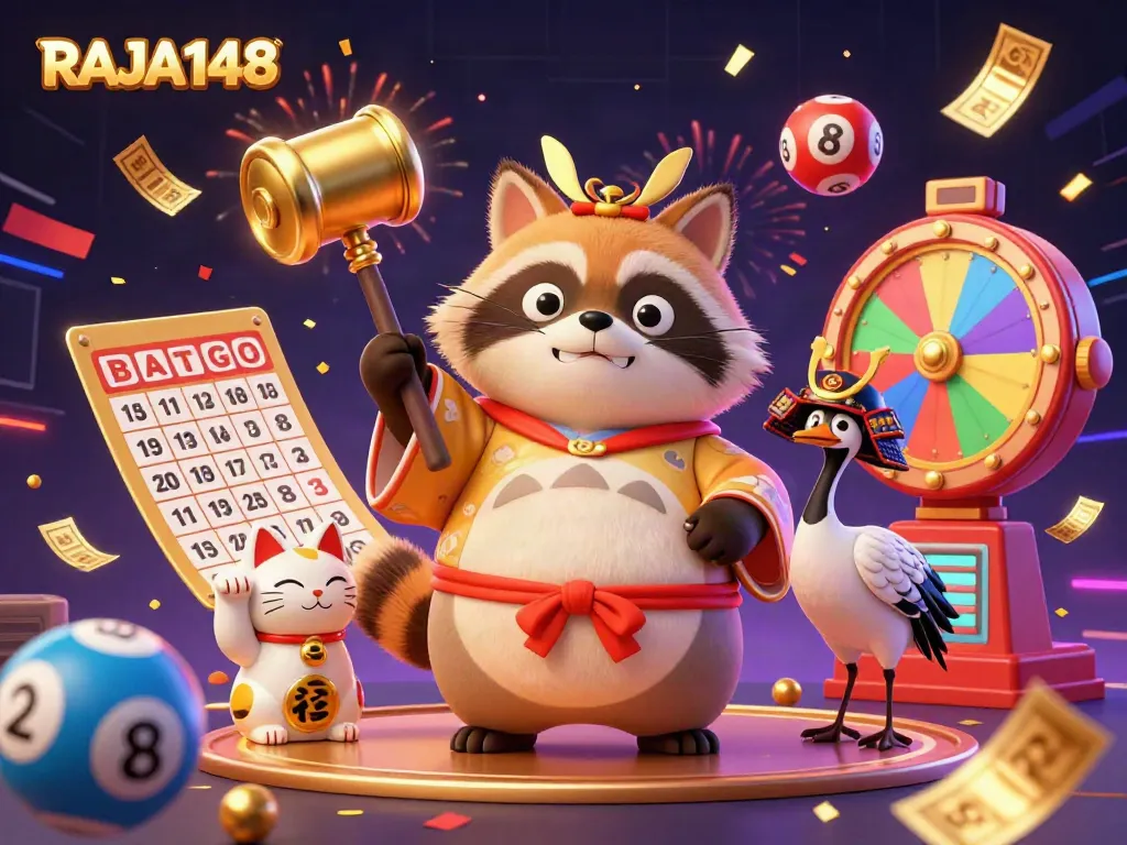 Engage with RAJA148's vibrant lottery and casino scene featuring dynamic characters and elements.