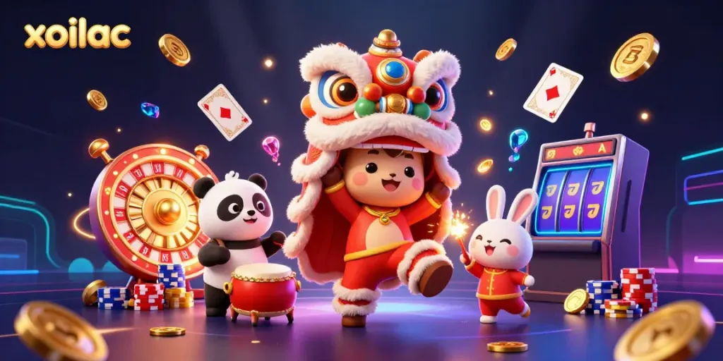 Xoilac brings excitement with dynamic characters celebrating casino wins through vibrant visuals.