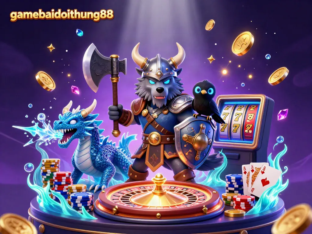 Experience the exciting world of gamebaidoithuong88 with a 3D Viking warrior, dragon, and casino elements.