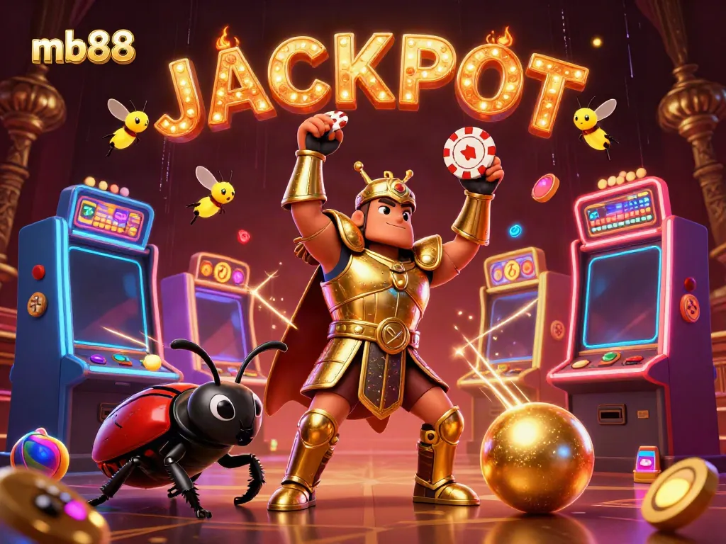 Experience the thrill at mb88 with a heroic beetle celebrating a jackpot amidst vibrant slot machines.