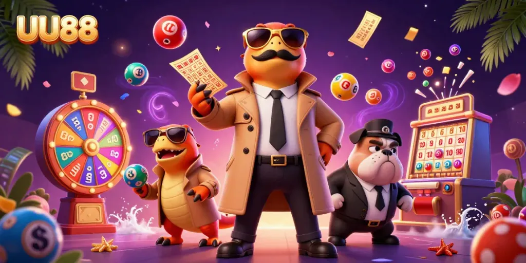Join the fun at UU88 Casino with colorful elements like lottery balls and a golden bingo card.