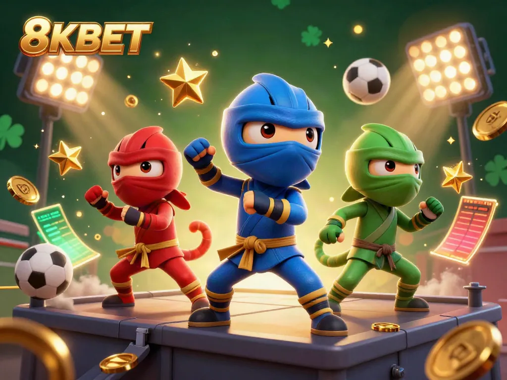 Engage with thrilling martial arts action featuring the 8KBET ninja team amidst dynamic sports betting elements.