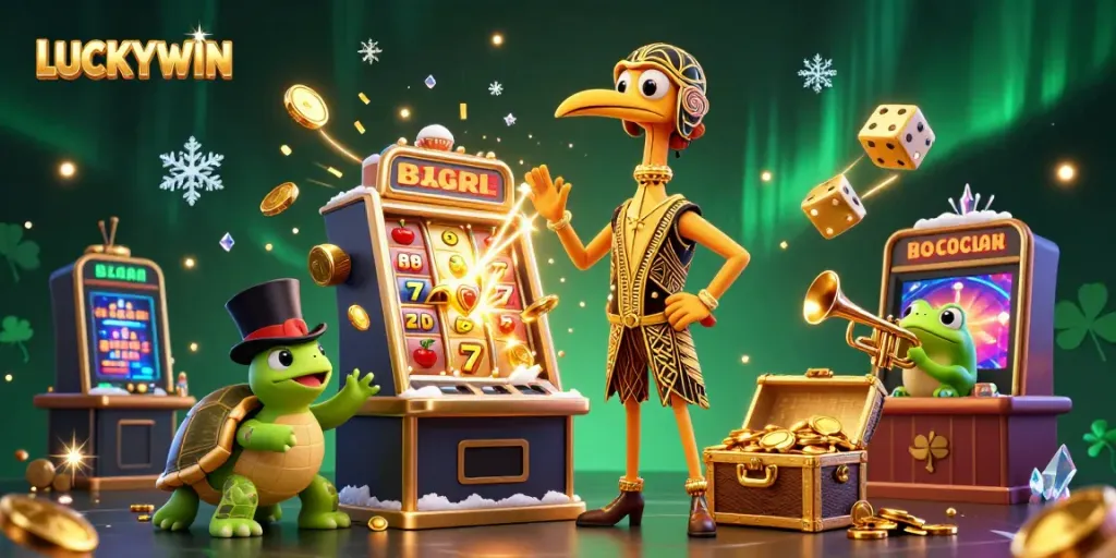 Experience the thrill of LUCKYWIN with a vibrant casino scene featuring whimsical 3D characters and jackpot excitement.