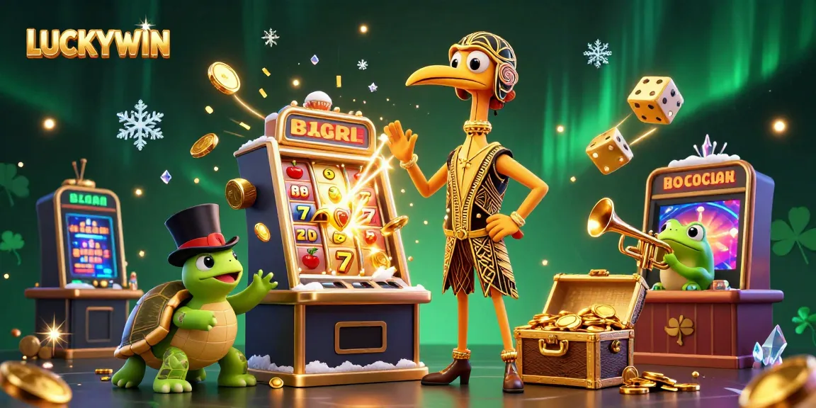 Experience the thrill of LUCKYWIN with a vibrant casino scene featuring whimsical 3D characters and jackpot excitement.