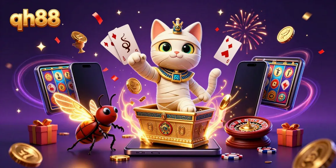 Engage with qh88's exciting casino world, featuring a lively Egyptian mummy cat bursting from a sarcophagus.