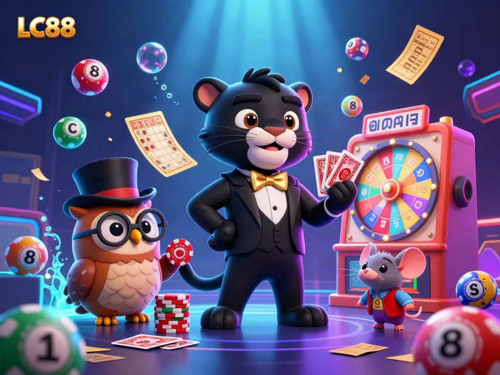 Engaging scene featuring LC88's stylish cartoon black panther dealing cards with festival elements for an exciting casino atmosphere.
