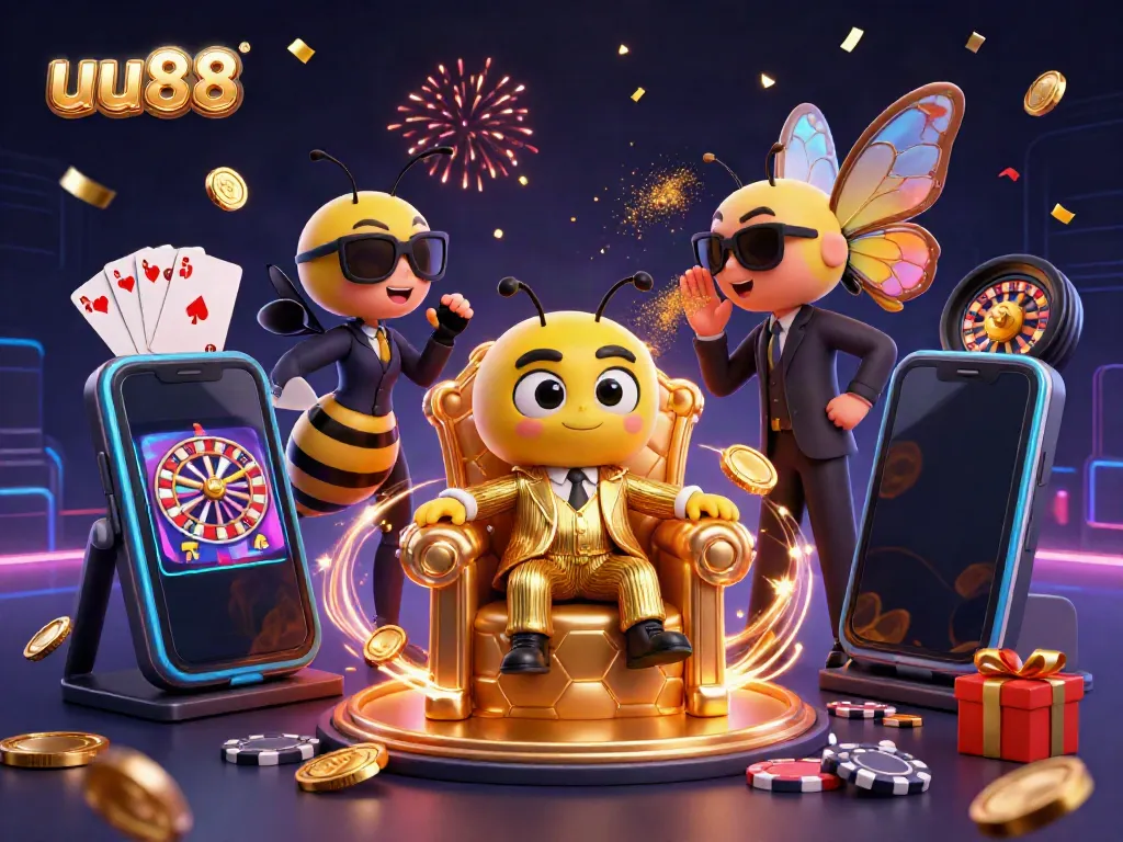 Engage in thrilling gameplay at uu88 with a vibrant 3D casino illustration featuring a bumblebee mob boss and dynamic game elements.