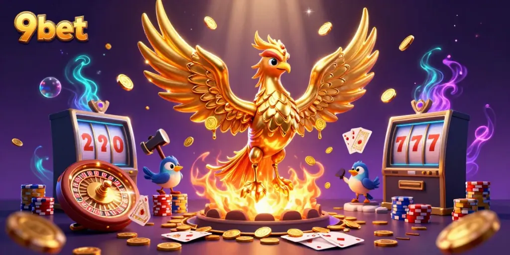 Experience the thrill of 9bet with an illustration of a molten golden phoenix and dynamic casino elements.