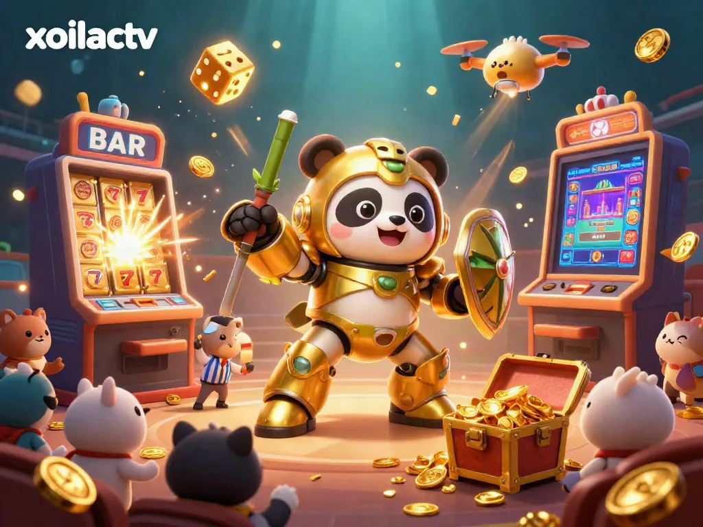 Xoilactv showcases an exciting casino scene with a golden panda in a mech-suit, engaging in a thrilling slot game environment full of coins and bright animations.