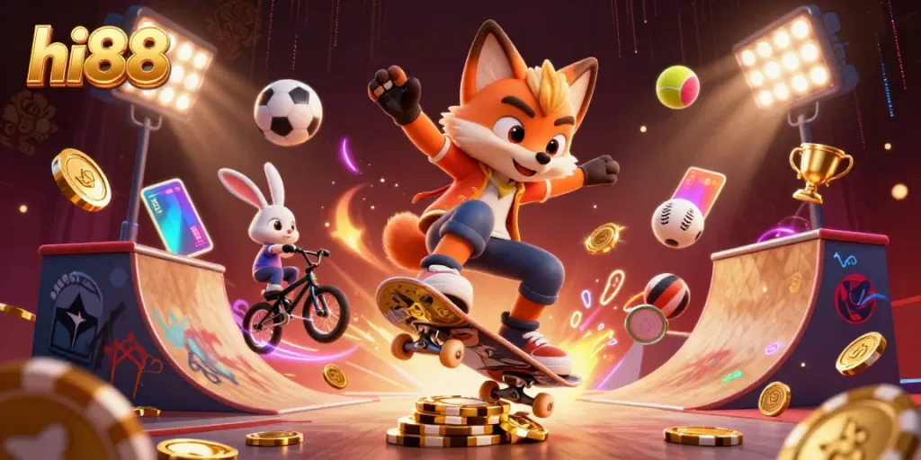 Experience exciting hi88 adventures in this vibrant 3D casino-themed illustration featuring thrilling characters.